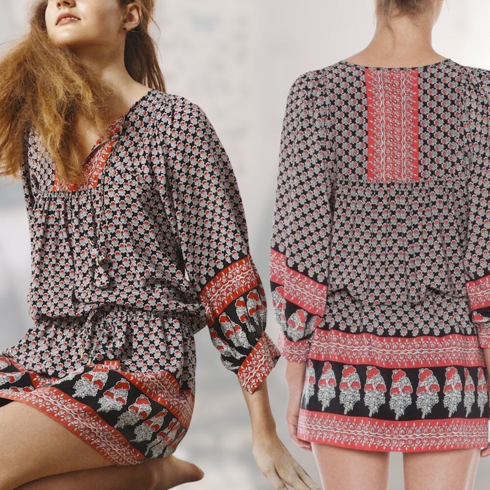 ULLA JOHNSON Bazaar Dark Indian Floral Printed 100% Silk Boho Tunic Shirt Dress